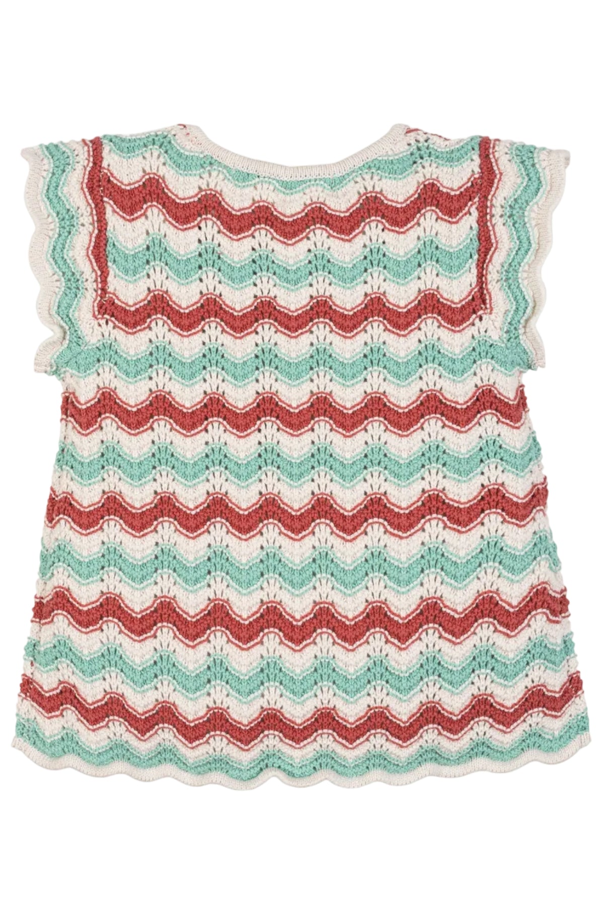 Back view of an organic cotton sweater top featuring a wavy zigzag pattern in teal, red, and cream colors.