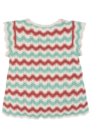 Back view of an organic cotton sweater top featuring a wavy zigzag pattern in teal, red, and cream colors.