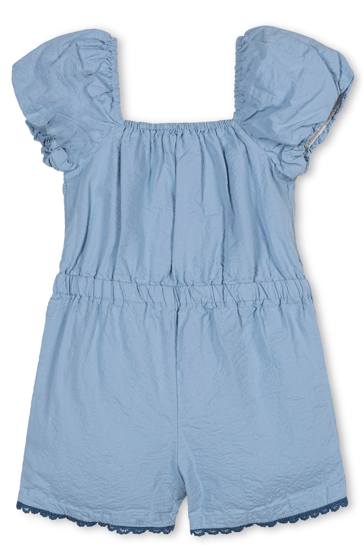 Light blue organic cotton romper featuring puff sleeves and a relaxed fit. The romper includes elastic waistband and delicate crochet trim, making it perfect for toddlers and kids.