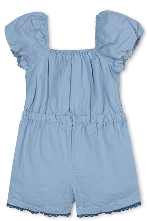 Light blue organic cotton romper featuring puff sleeves and a relaxed fit. The romper includes elastic waistband and delicate crochet trim, making it perfect for toddlers and kids.