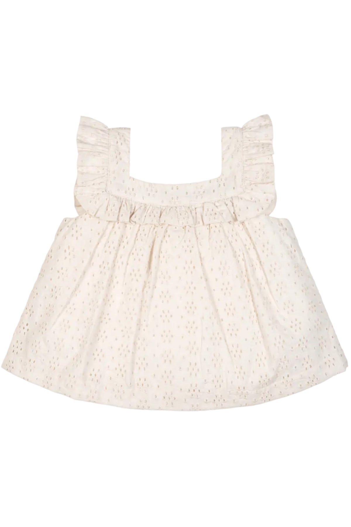 Light beige organic cotton tank top featuring delicate eyelet details and ruffled edges, designed for toddlers. This breezy piece is perfect for warm weather play and family outings.