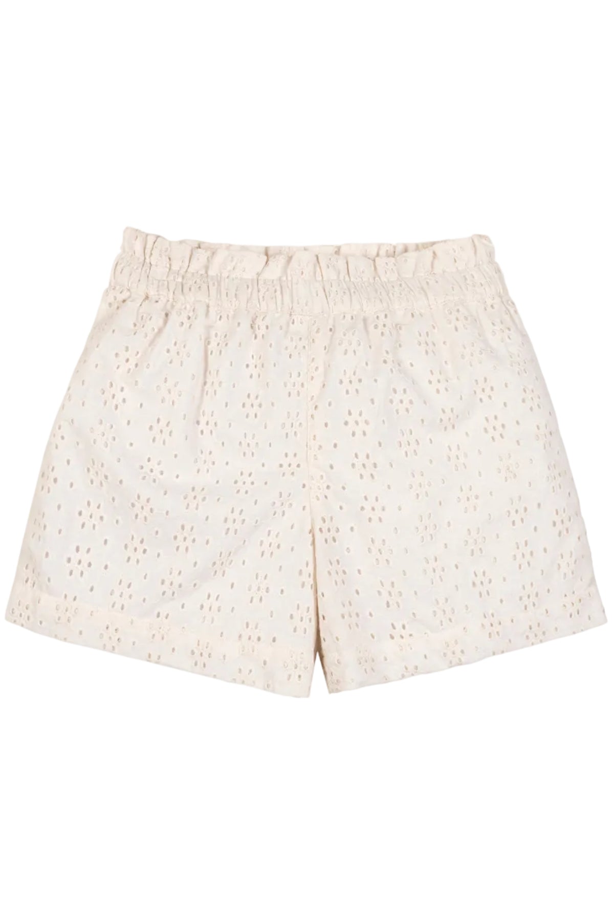 Light beige organic cotton shorts featuring an eyelet design and an elastic waistband, perfect for toddlers and kids. These breathable shorts offer comfort and style for warm weather adventures.