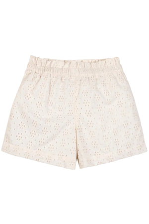 Light beige organic cotton shorts featuring an eyelet design and an elastic waistband, perfect for toddlers and kids. These breathable shorts offer comfort and style for warm weather adventures.