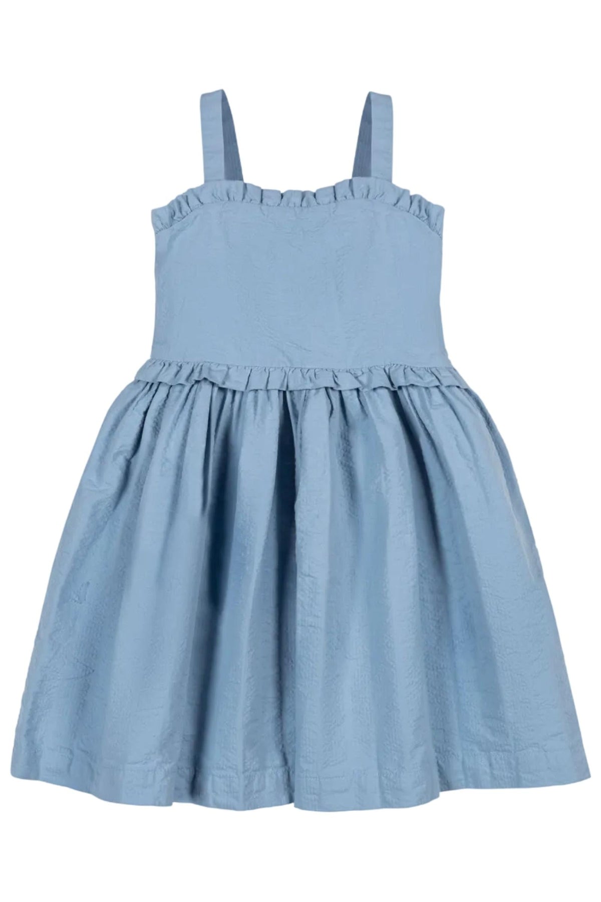 Hope & Henry Girls' Organic Ruffle Edge Seersucker Apron Dress, Bluebell, 6