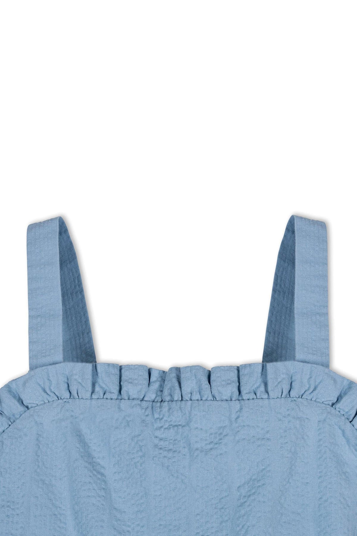 Close-up of the blue seersucker dress by Hope & Henry, featuring ruffled edges and adjustable straps. Made from organic cotton, it is designed for children aged 2T-12.
