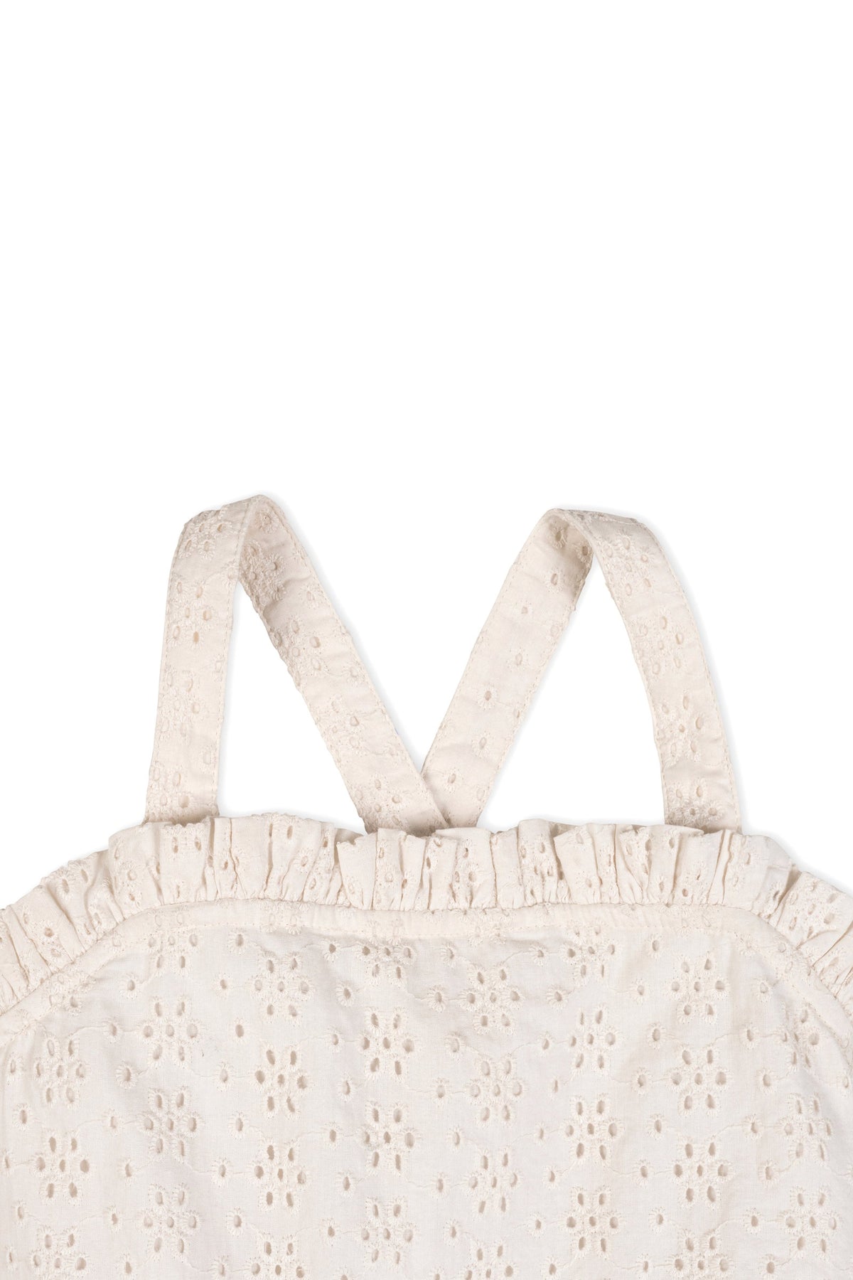 Close-up of the back of a natural-colored dress featuring ruffle edges and cross-back straps, made from organic cotton with eyelet detailing. Ideal for summer wear and environmentally friendly.