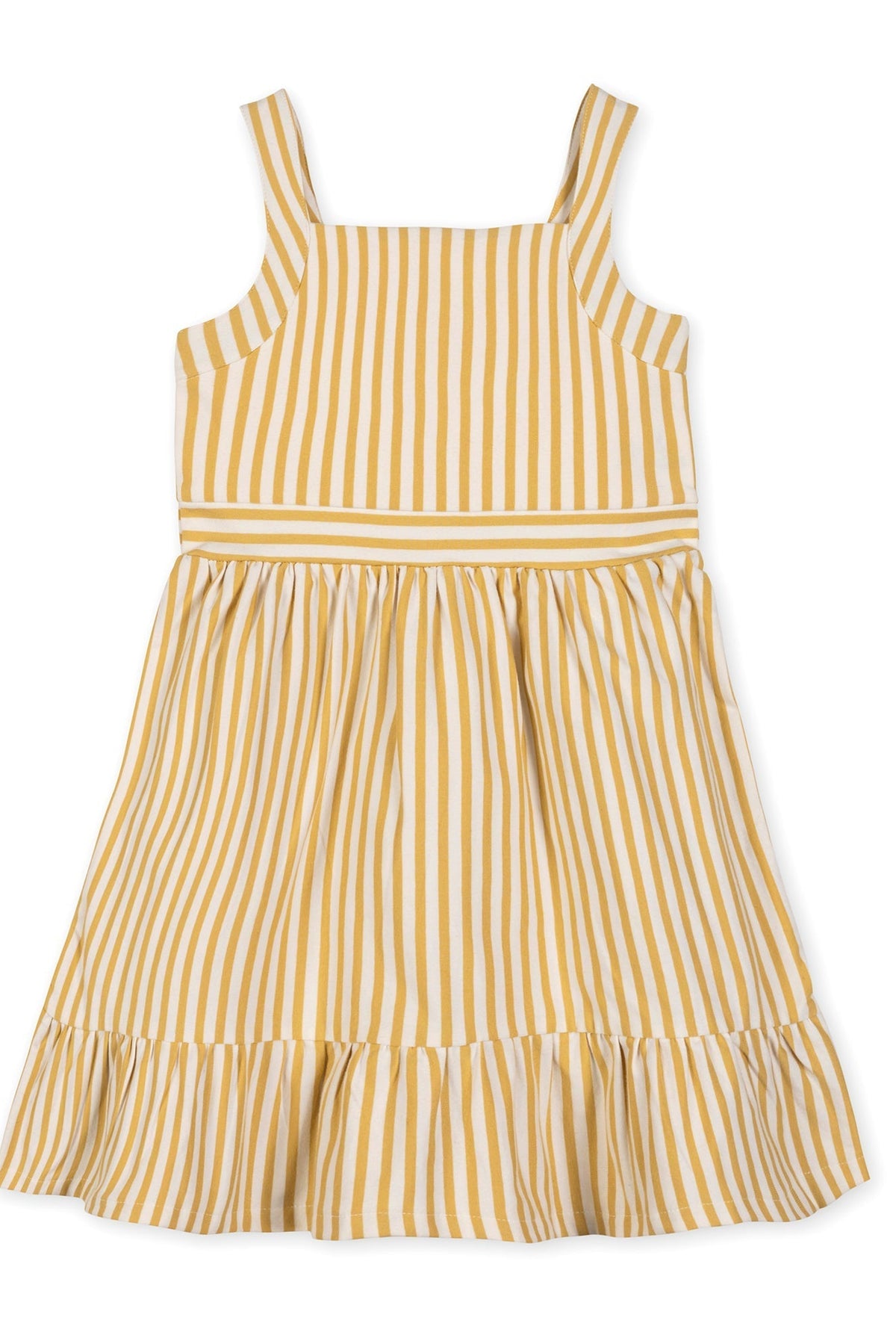 A sunny yellow and white striped organic cotton tank sundress features a flounce hem and shirred waist, perfect for children ages 2T-12. Ideal for playful summer adventures.