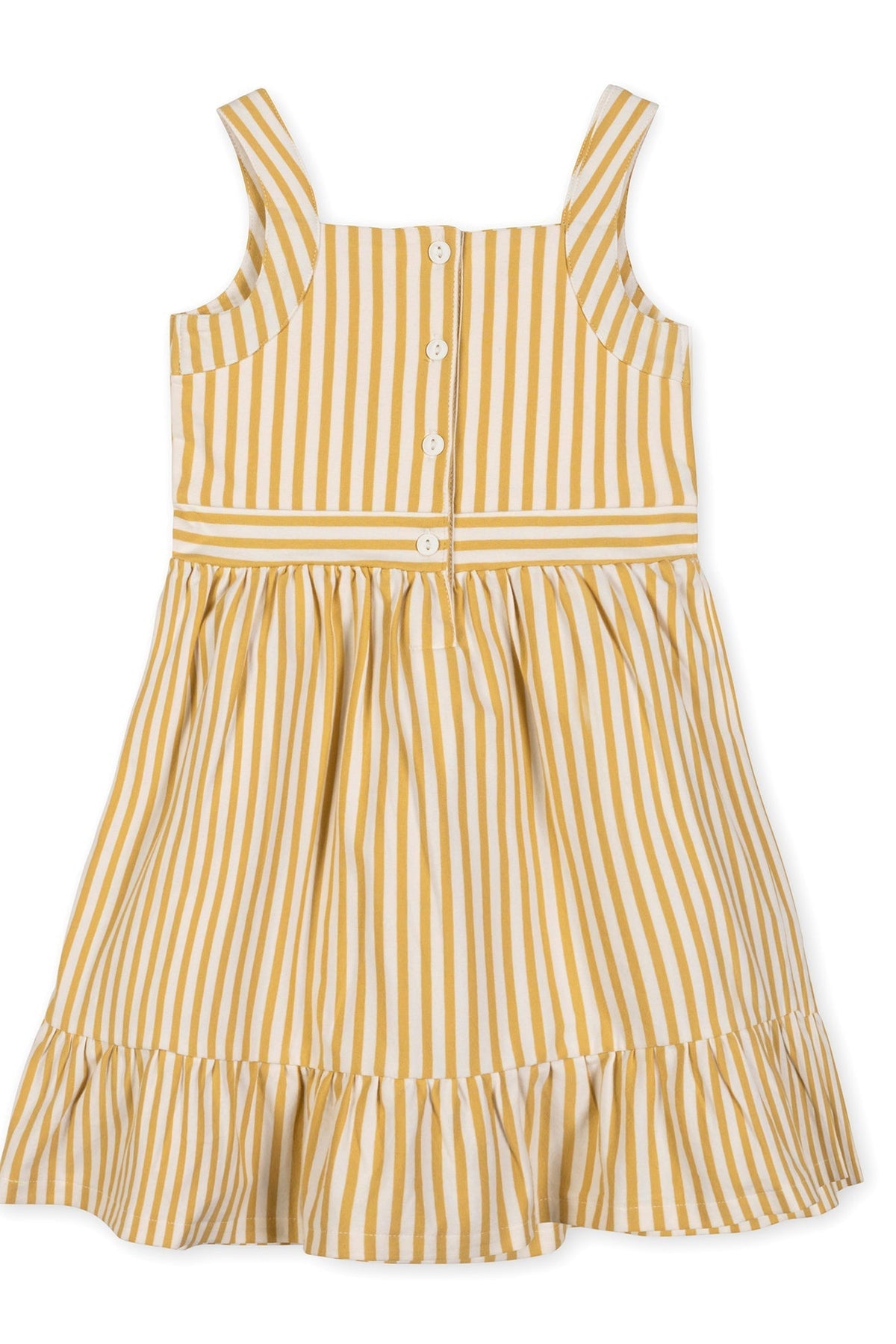 A sunny yellow and white striped organic cotton sundress features adjustable straps, a buttoned front, and a flouncy hem, perfect for kids aged 2T-12.
