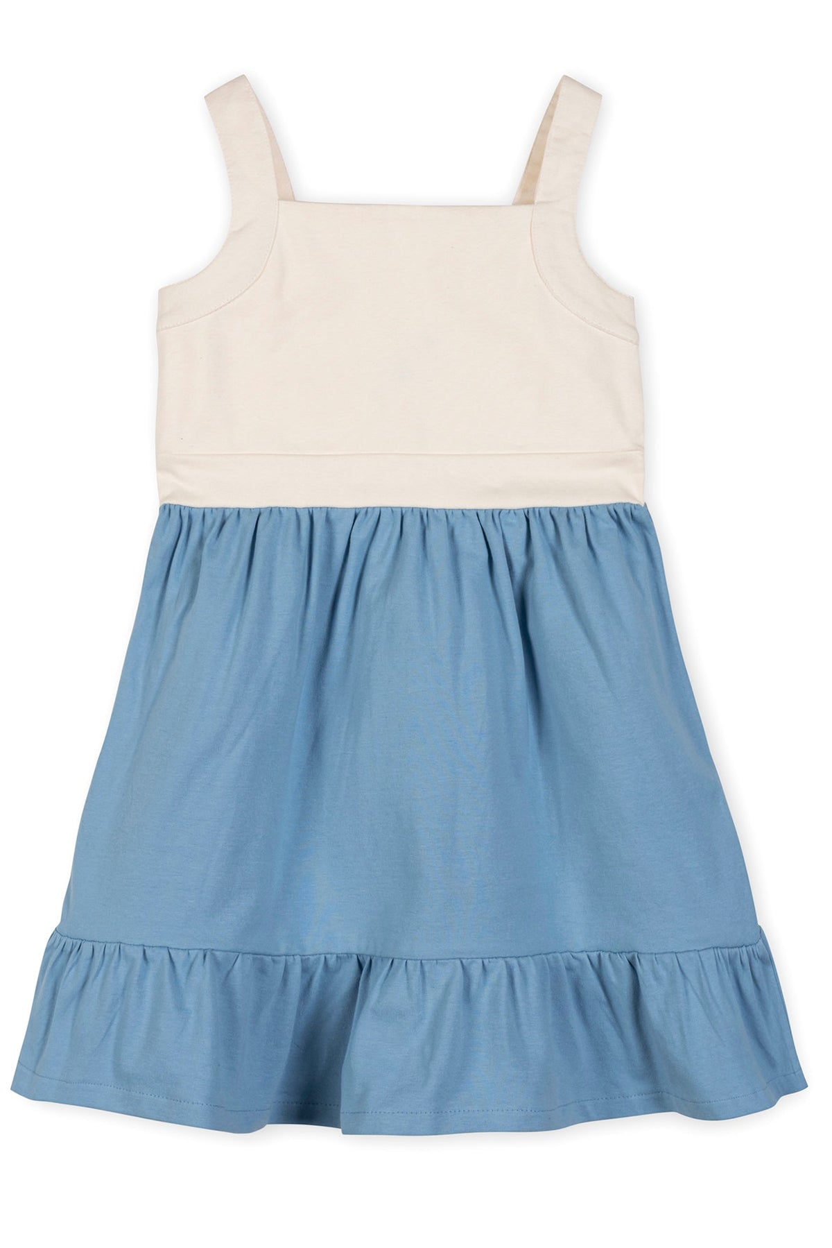 A lightweight, organic cotton knit sundress featuring a cream bodice and a bluebell skirt with a flounce hem. Designed for ages 2T-12, it offers playful movement for sunny days.