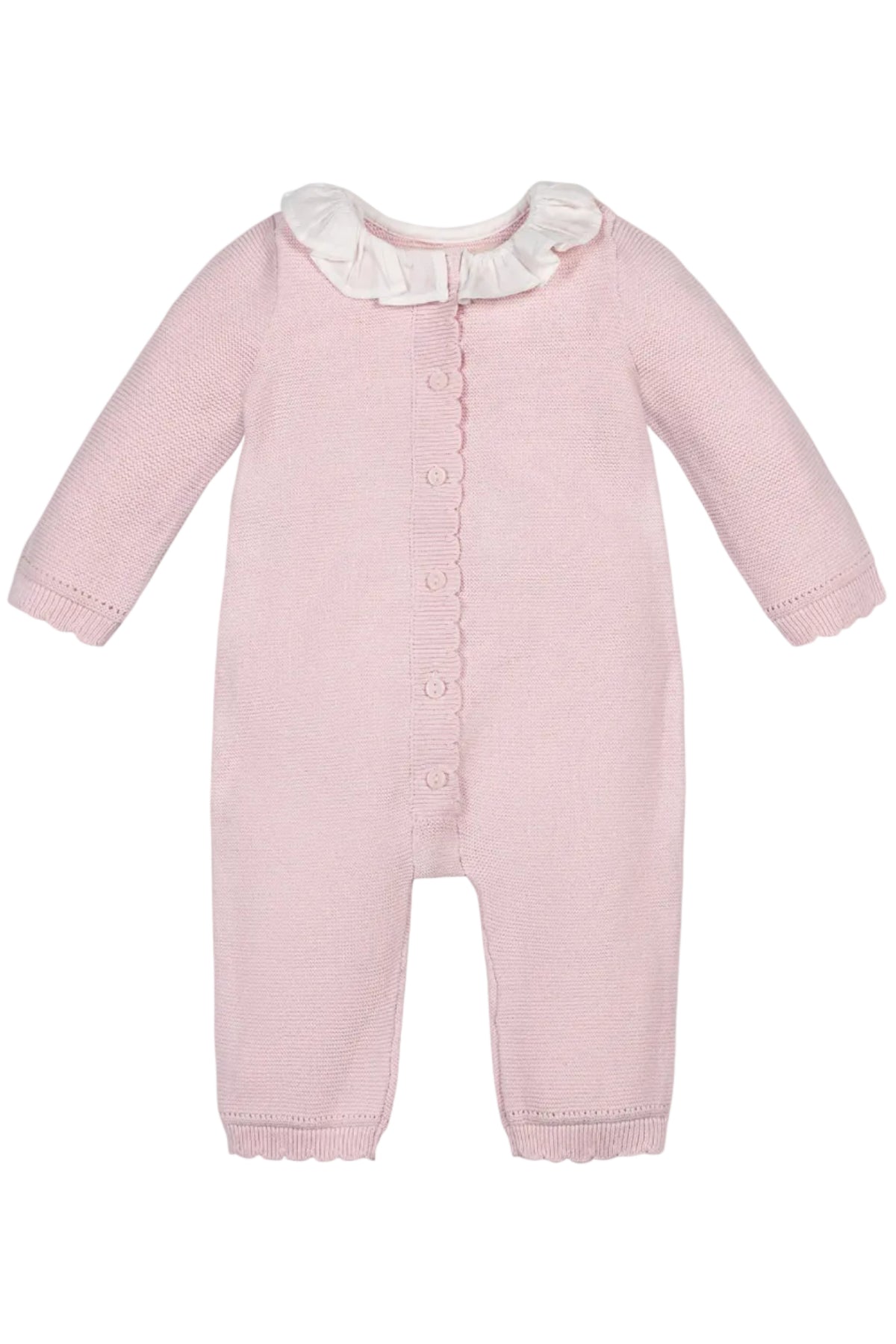 Pale pink organic cotton romper features a delicate ruffle collar and scalloped trim, designed for babies. This soft, textured knit piece is perfect for both special occasions and everyday wear.