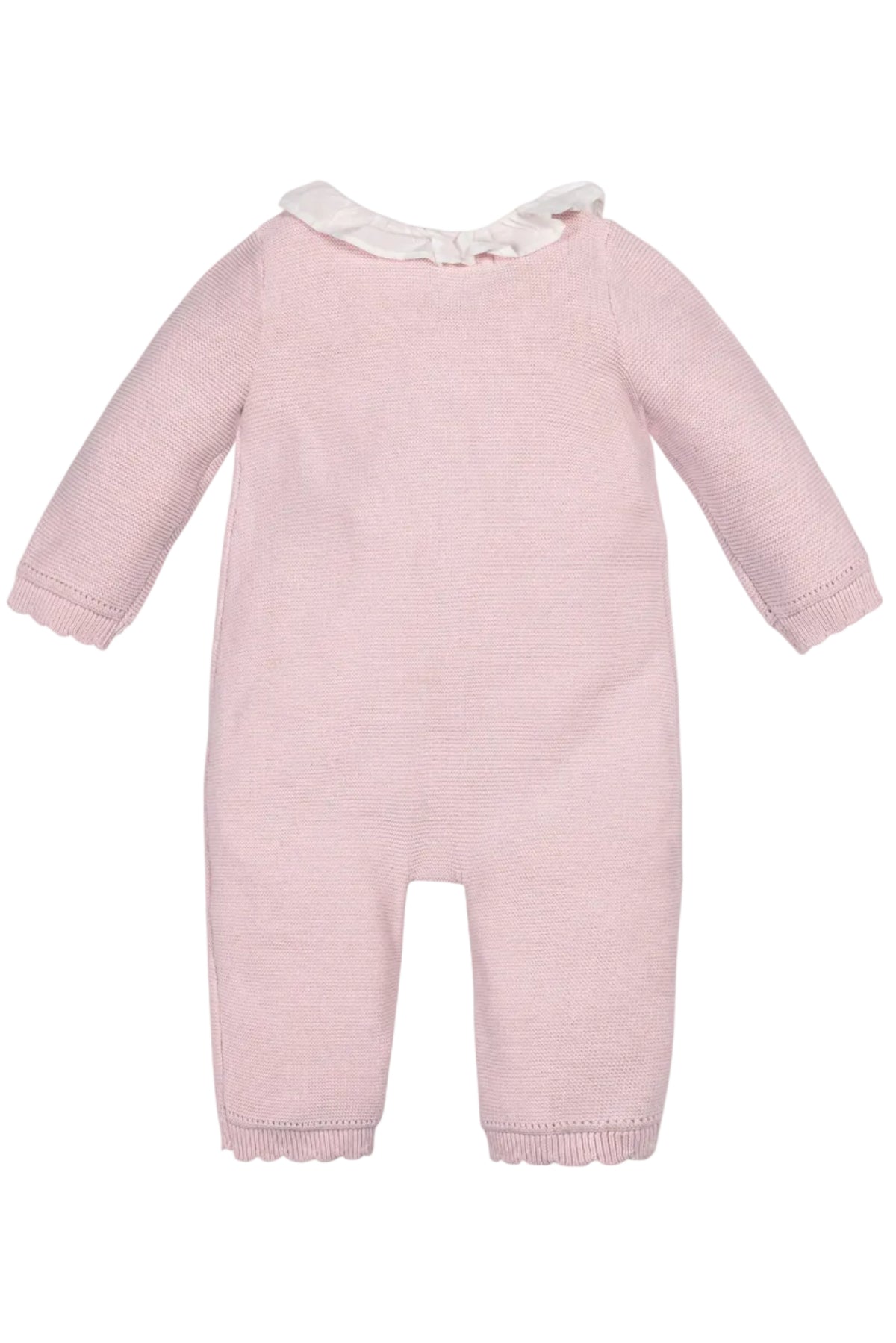 Back view of a pale pink organic cotton romper featuring a delicate ruffle collar and scalloped trim. The soft knit fabric is perfect for babies, blending comfort with timeless style.