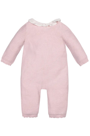 Back view of a pale pink organic cotton romper featuring a delicate ruffle collar and scalloped trim. The soft knit fabric is perfect for babies, blending comfort with timeless style.