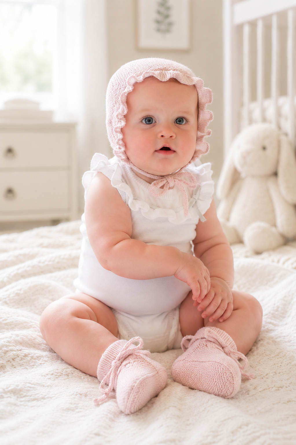 A baby sits on a cozy white blanket, wearing a pale pink bonnet with ruffled edges and matching knitted booties.