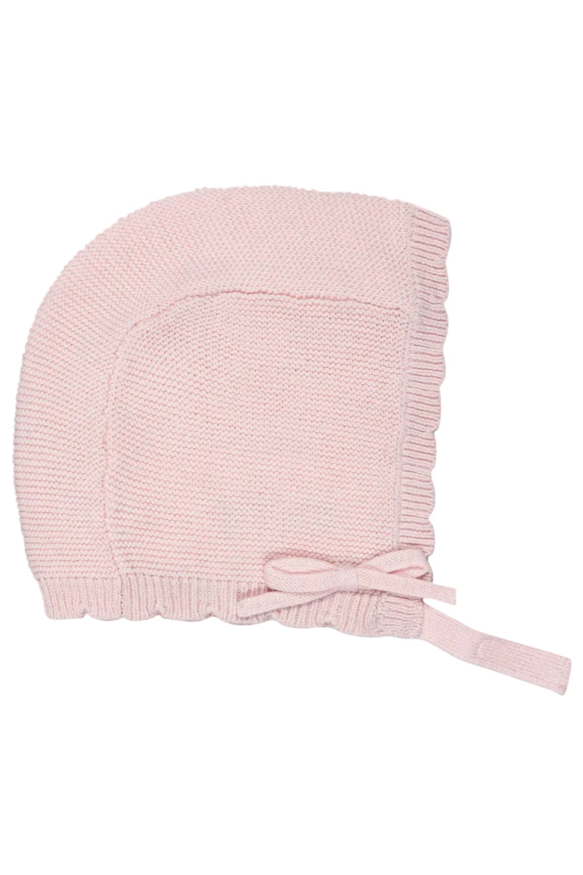 Soft pale pink organic cotton bonnet featuring a ribbed trim and a tie closure. This cozy accessory is perfect for keeping babies warm and stylish.