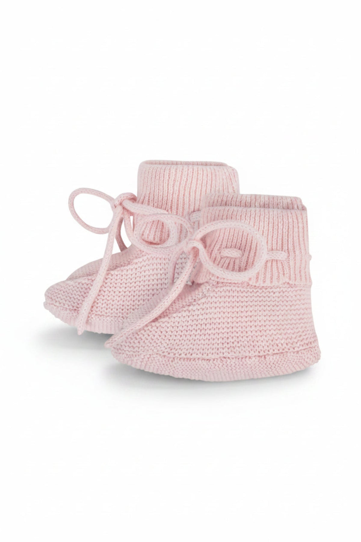 Pale pink organic cotton booties feature a cozy sweater knit design with ribbed trim and tie closures, perfect for keeping little feet warm and stylish.