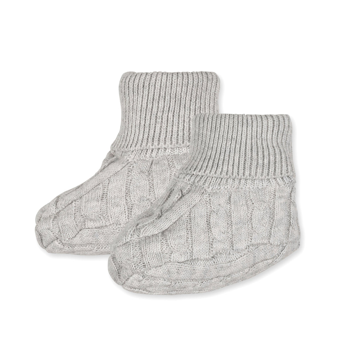 Light gray organic cotton booties feature a ribbed trim and textured knit design. Perfect for keeping little feet warm.