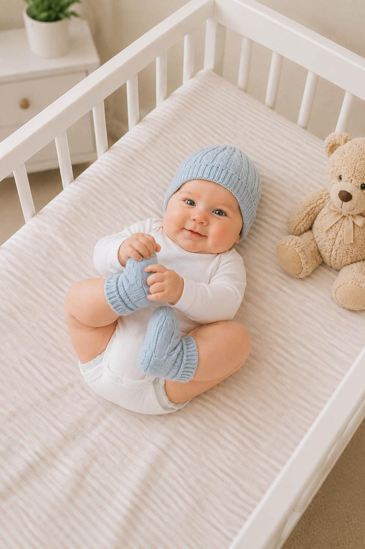 A smiling baby sits in a crib, wearing a pale blue organic cotton beanie and booties. A soft teddy bear and a potted plant are visible in the background.