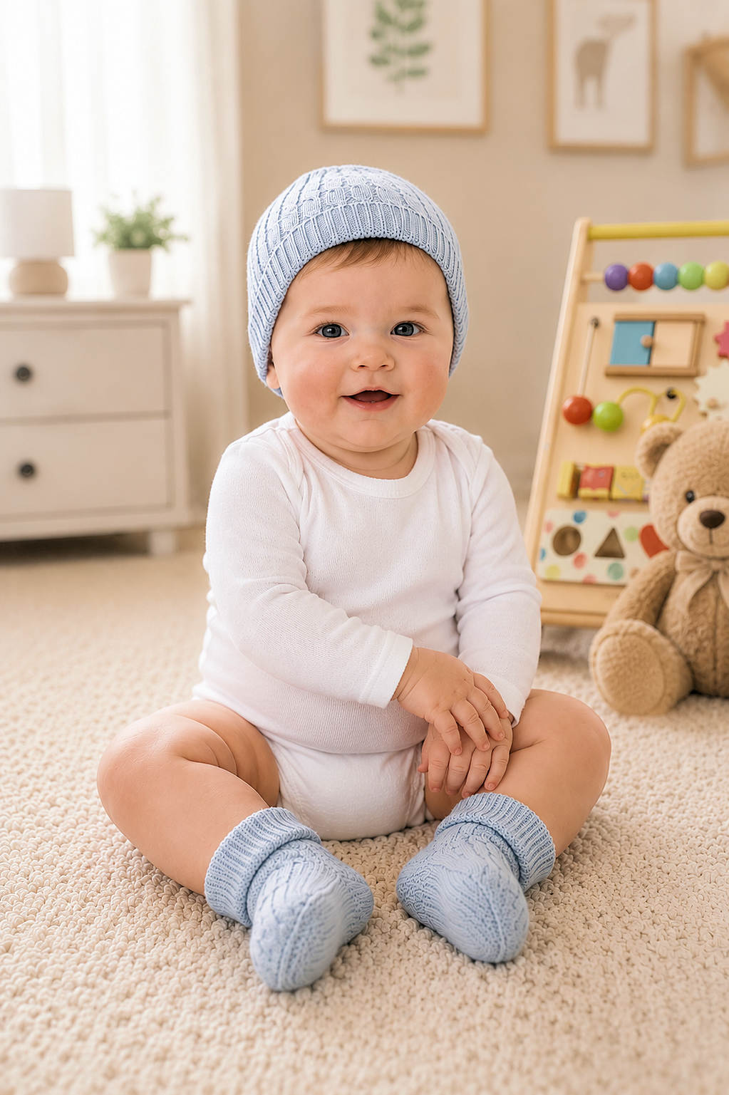 A cheerful baby sits on a soft carpet, wearing a pale blue knitted beanie and booties. The cozy outfit is made from organic cotton, highlighting its comfort and eco-friendly attributes.
