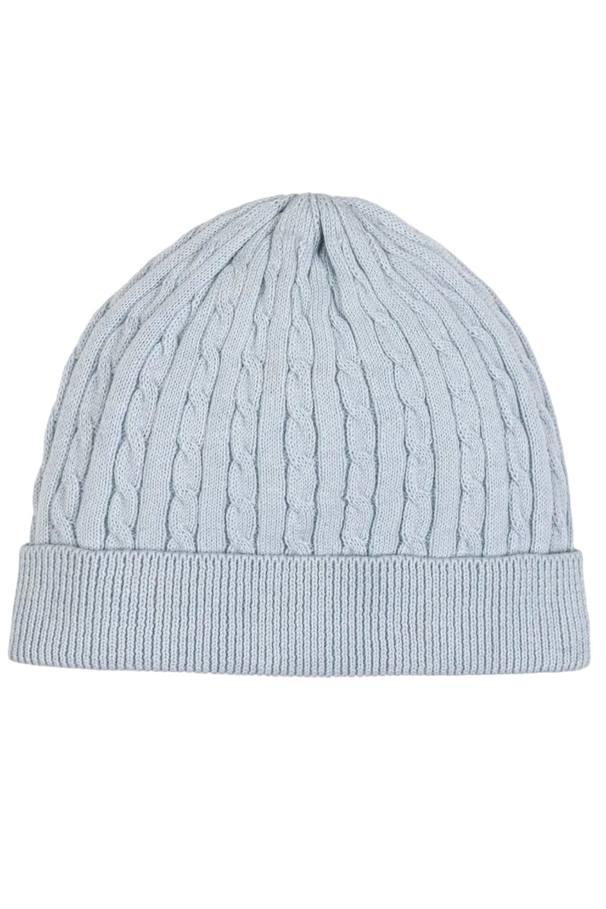 Pale blue knitted beanie featuring a ribbed hem and cable knit design, made from soft organic cotton. This cozy accessory is perfect for keeping little heads warm and stylish.