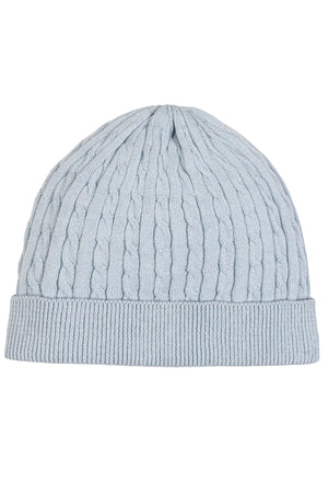 Pale blue knitted beanie featuring a ribbed hem and cable knit design, made from soft organic cotton. This cozy accessory is perfect for keeping little heads warm and stylish.
