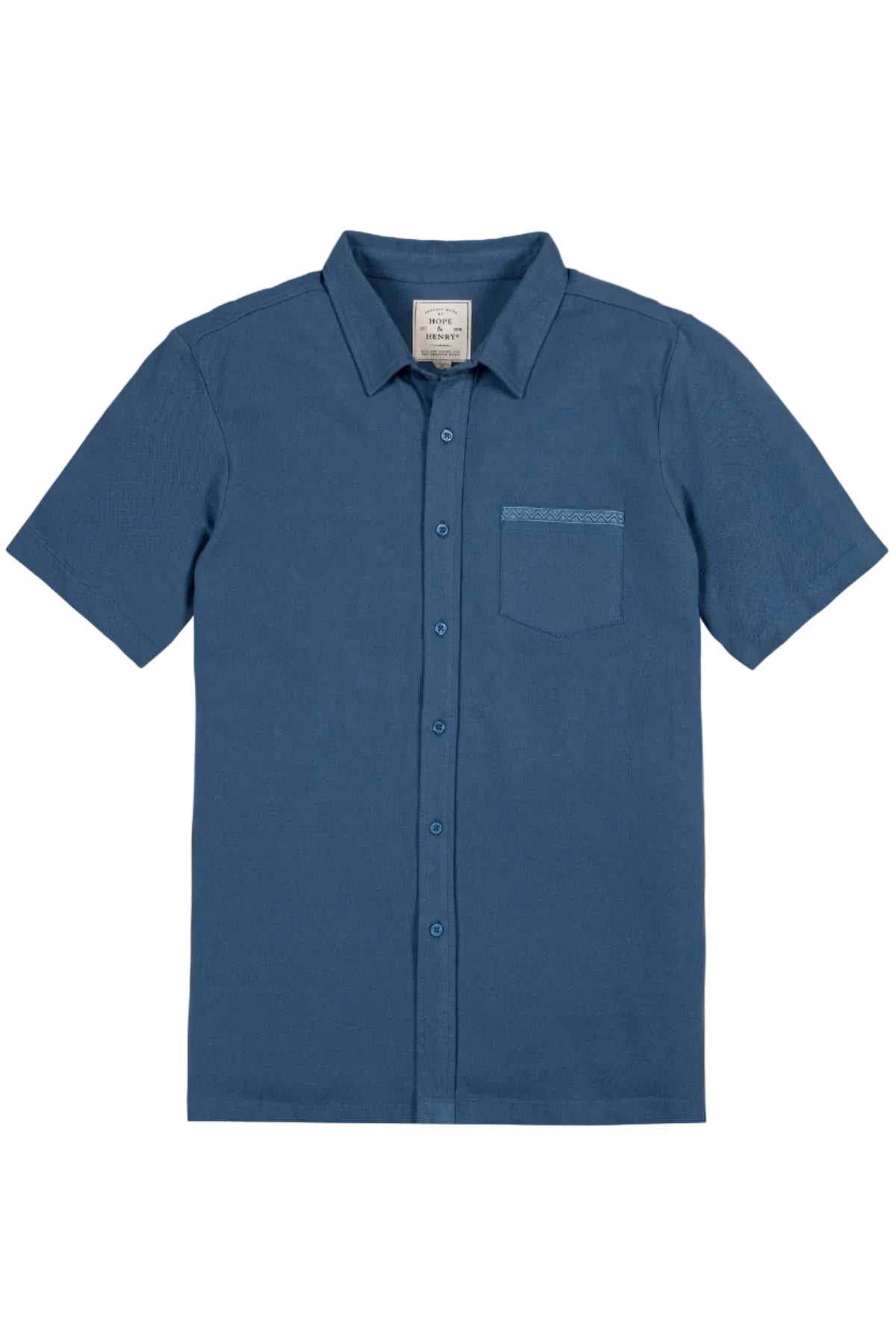 Short sleeve shirt in stone blue, made from soft organic cotton. Features a button-down front and a pocket, perfect for casual family outings and warm weather comfort.