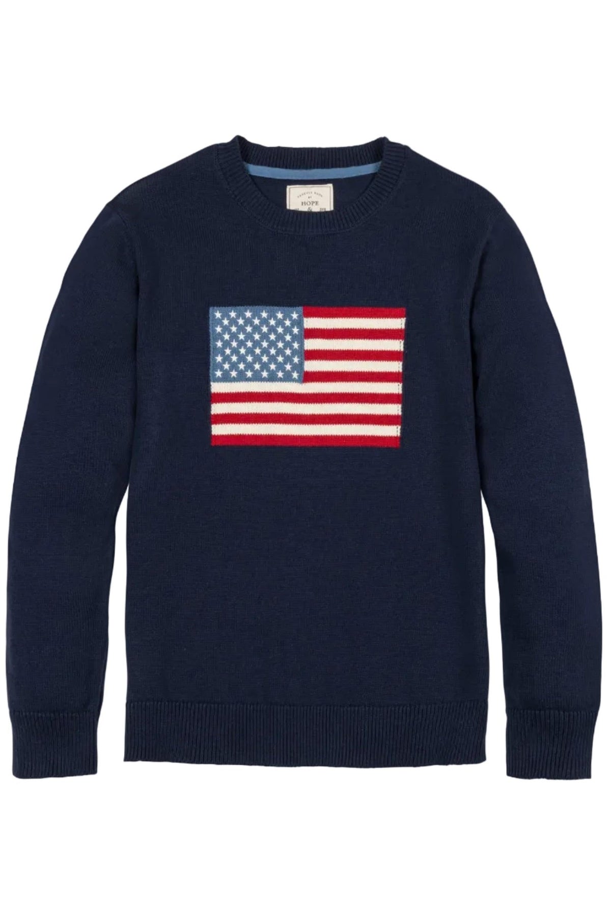 Navy crew neck sweater featuring a vibrant American flag design on the front. Made from GOTS certified organic cotton, it’s perfect for family matching outfits and patriotic celebrations.
