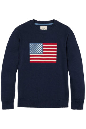 Navy crew neck sweater featuring a vibrant American flag design on the front. Made from GOTS certified organic cotton, it’s perfect for family matching outfits and patriotic celebrations.