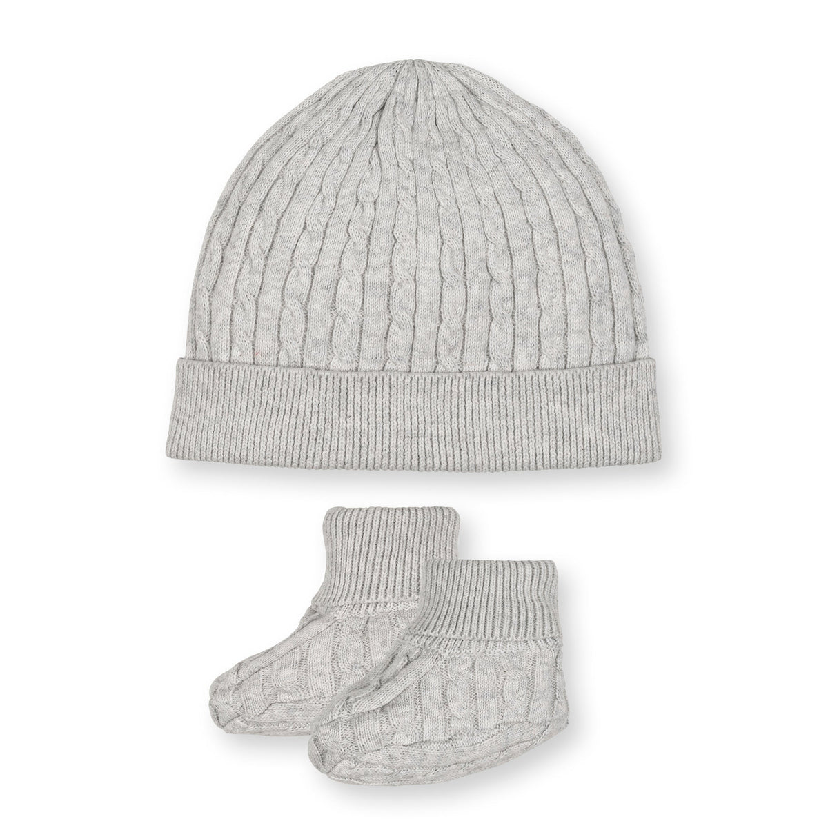 Light gray knitted baby beanie and matching booties made from soft, organic cotton. Ideal for keeping little ones cozy and comfortable during outings or at home.