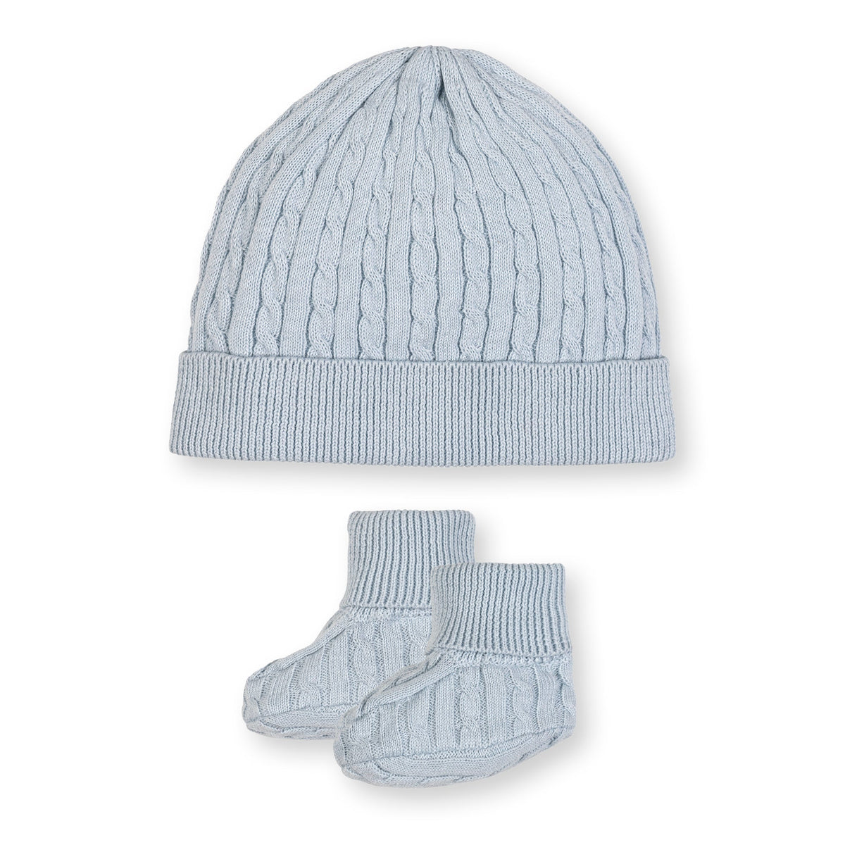 A pale blue knitted beanie and matching booties are displayed together. Both pieces feature a textured cable knit design, perfect for keeping babies warm and cozy in soft, organic cotton.