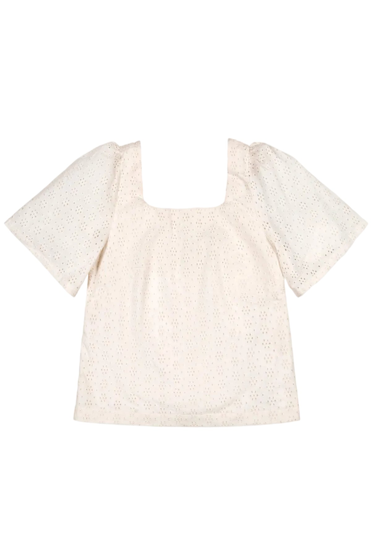 A light beige organic cotton top featuring a square neckline and flounce sleeves. The fabric has a delicate eyelet design, perfect for warm weather and family matching outfits.