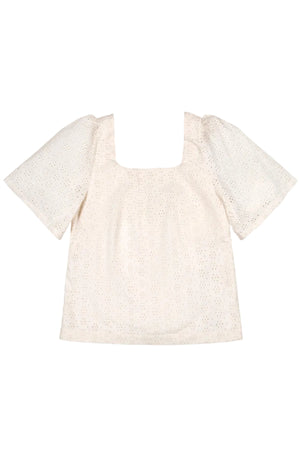 A light beige organic cotton top featuring a square neckline and flounce sleeves. The fabric has a delicate eyelet design, perfect for warm weather and family matching outfits.