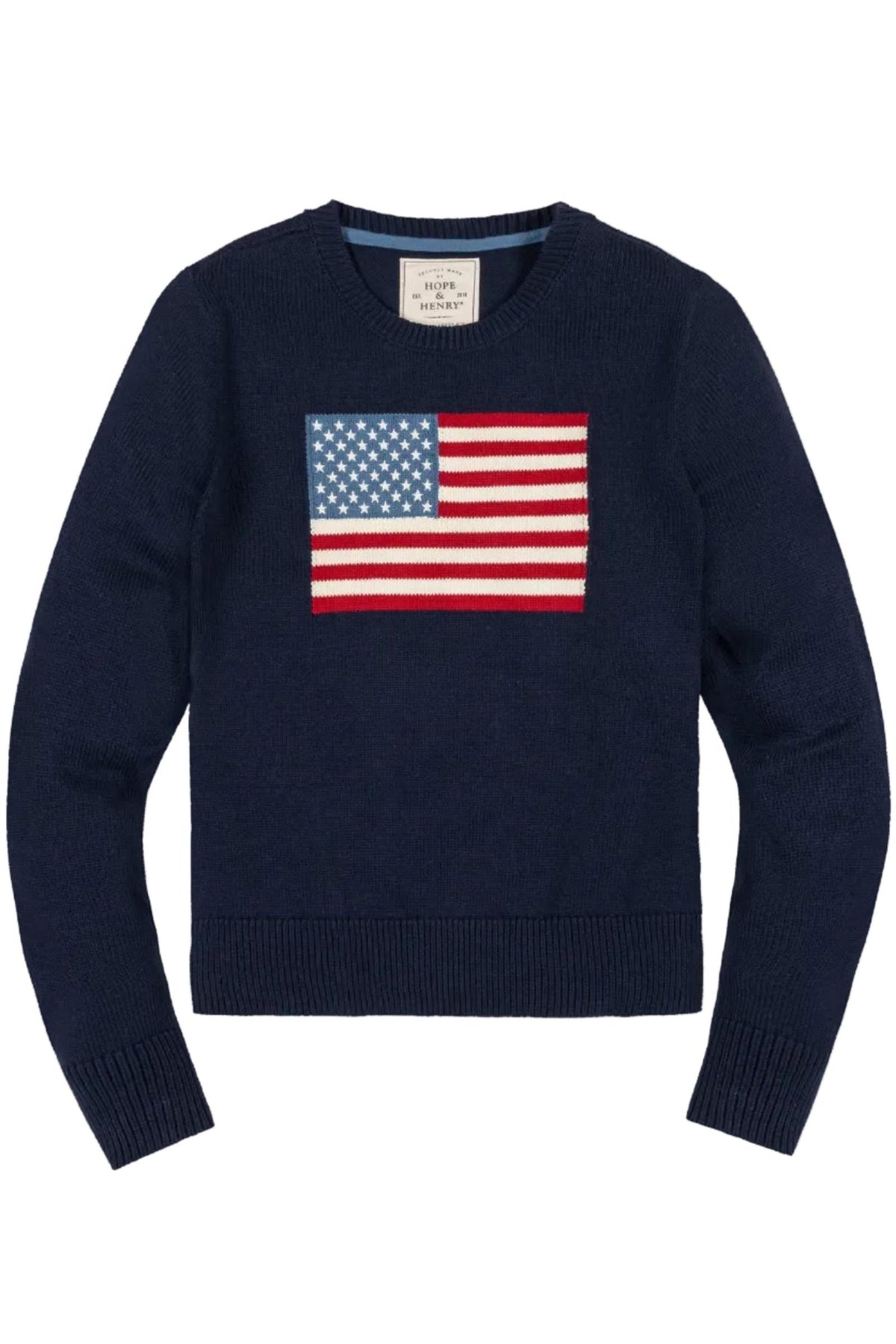 Navy crew neck sweater featuring a classic American flag design in soft, GOTS certified organic cotton. Ideal for family gatherings and celebrations, this cozy piece combines style and comfort.