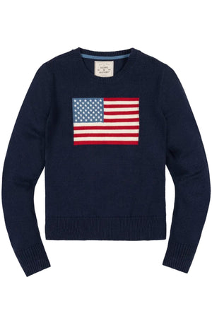 Navy crew neck sweater featuring a classic American flag design in soft, GOTS certified organic cotton. Ideal for family gatherings and celebrations, this cozy piece combines style and comfort.
