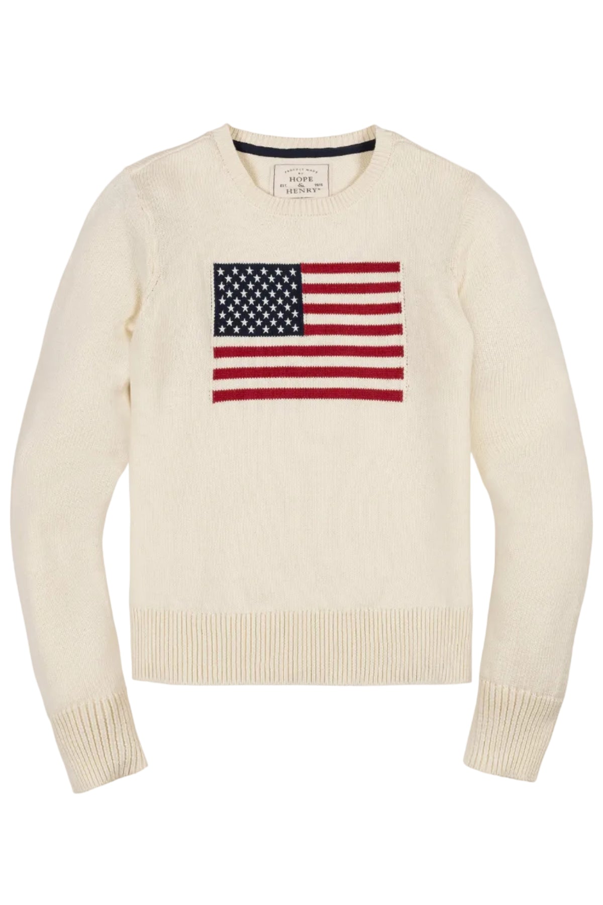 Ivory organic cotton crew neck sweater featuring a woven American flag design on the front. Ideal for family matching outfits, it offers comfort and a classic style for all ages.