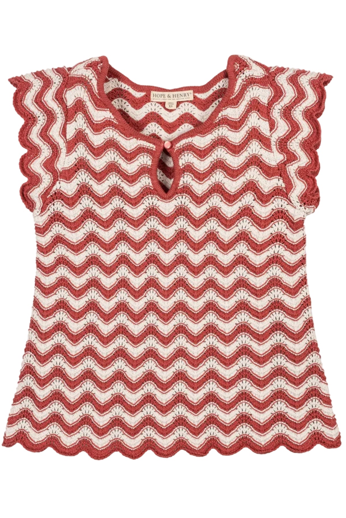 A cozy organic cotton sweater top features a wavy red and cream pattern, flutter sleeves, and a front keyhole closure.