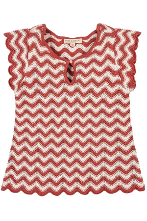 A cozy organic cotton sweater top features a wavy red and cream pattern, flutter sleeves, and a front keyhole closure.