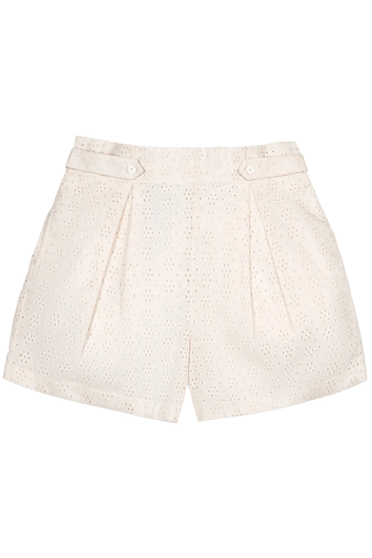 Light cream organic cotton shorts featuring eyelet details, a cinched waist with button tabs, and side pockets. Ideal for warm weather, these stylish shorts offer comfort and sustainability.