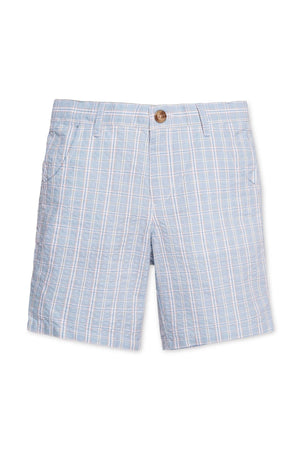 Light blue seersucker shorts featuring a check pattern, side pockets, and a faux horn button, suitable for boys aged 2T-12.