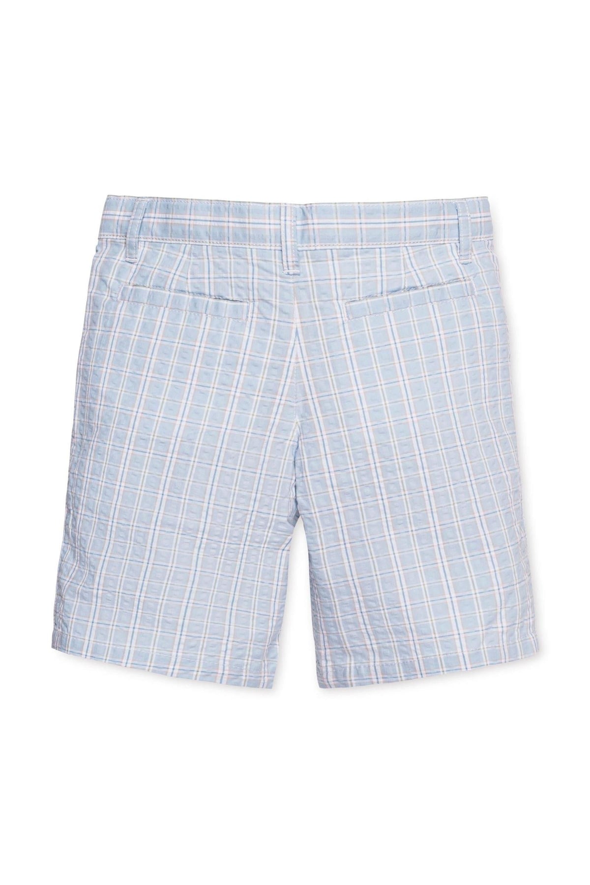 Blue checkered shorts in organic cotton with a modern fit, featuring side and back pockets for boys sizes 2T-12.