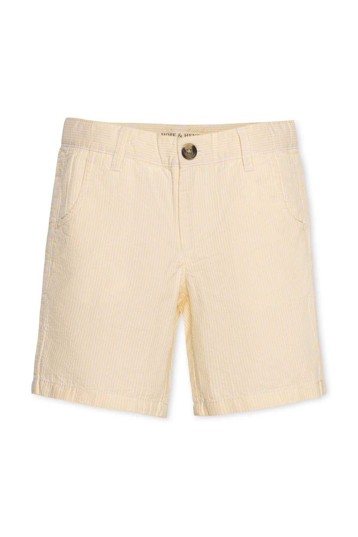 Yellow organic cotton seersucker shorts for boys, featuring a classic striped pattern and a comfortable fit. Ideal for warm weather playdates and everyday adventures, promoting sustainable fashion for kids.
