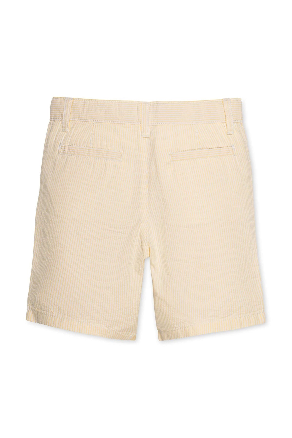 Back view of yellow organic cotton seersucker shorts for boys, featuring a classic striped pattern and two back pockets. Ideal for warm weather play and everyday adventures.