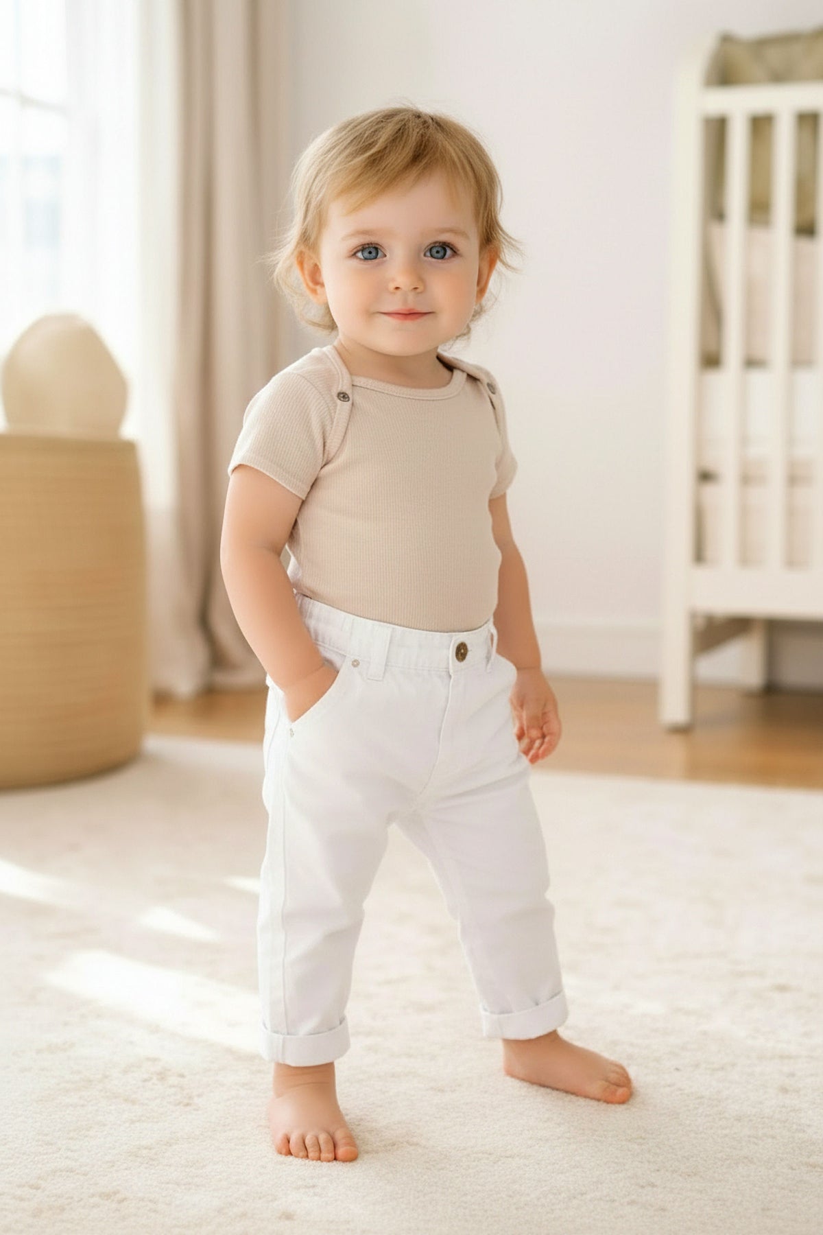 A toddler stands on a soft rug, wearing a beige short-sleeve shirt and white rolled-up chinos, smiling warmly.