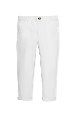 White organic cotton skinny stretch chinos for boys, featuring a faux horn button and adjustable waistband.