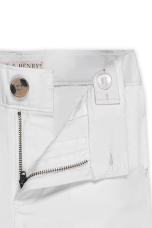 White Hope & Henry organic cotton chino showing zipper, faux horn button, and adjustable waistband. Ideal for toddlers.