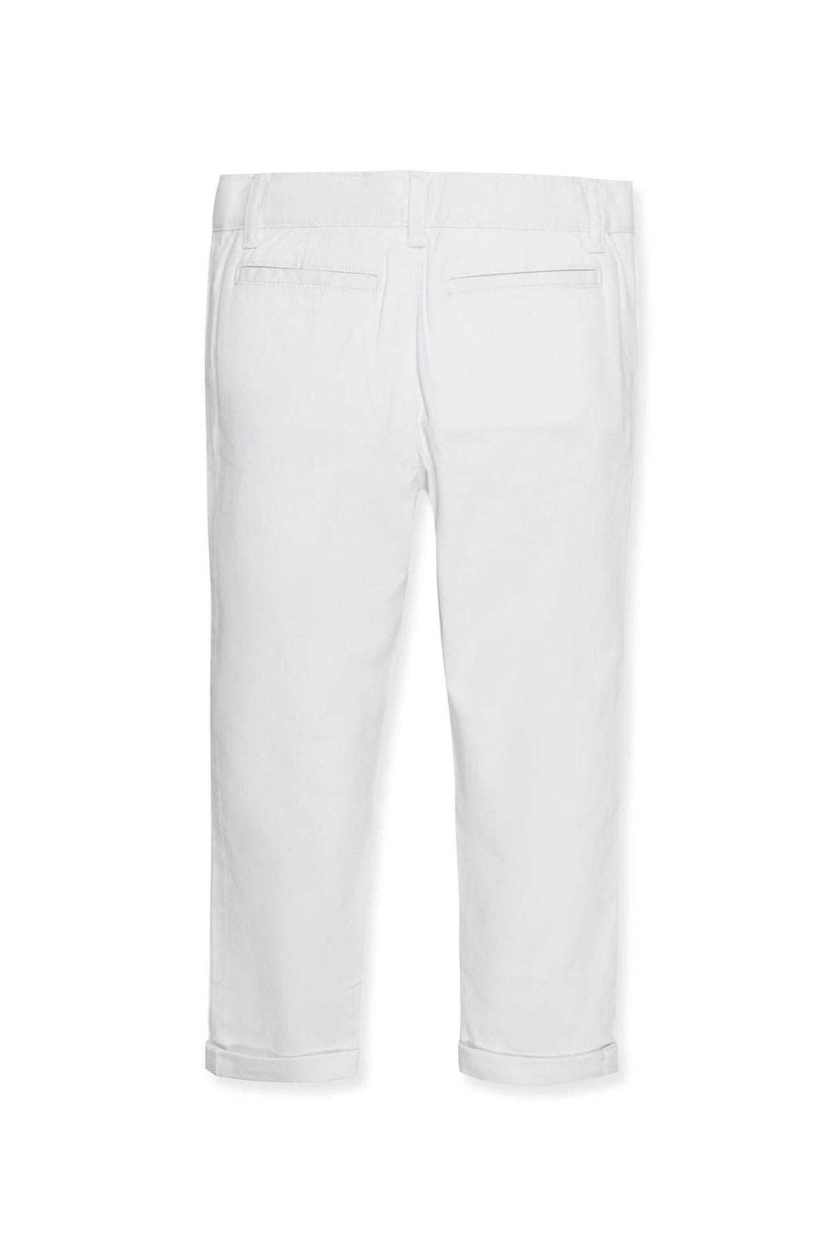White organic cotton skinny stretch chinos for boys, featuring back welt pockets and a clean, minimalist design.