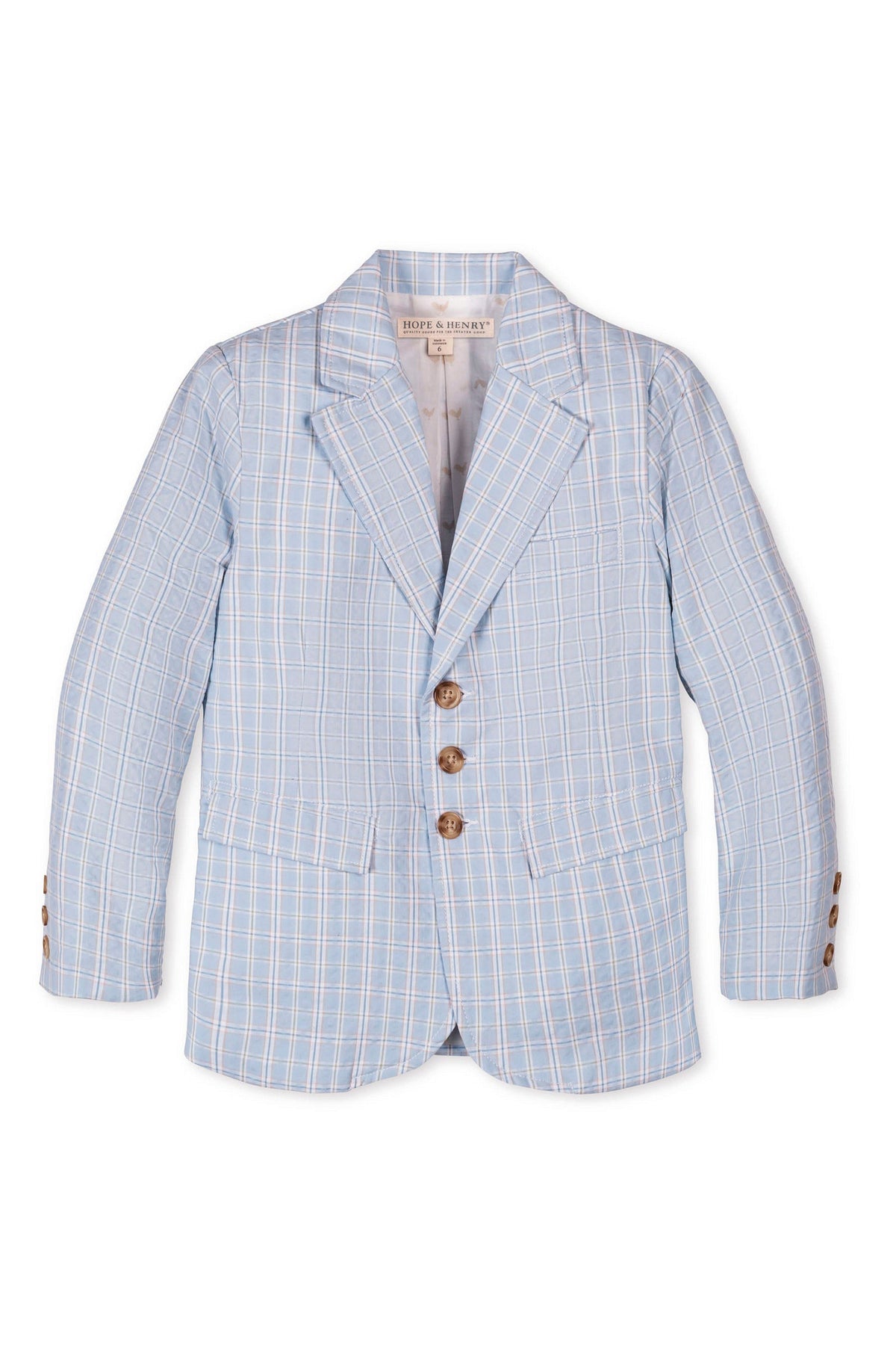 Blue checkered seersucker suit jacket for boys by Hope & Henry, featuring wood-like buttons and a notch collar.