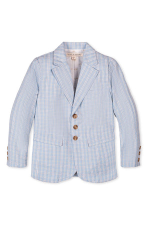 Blue checkered seersucker suit jacket for boys by Hope & Henry, featuring wood-like buttons and a notch collar.