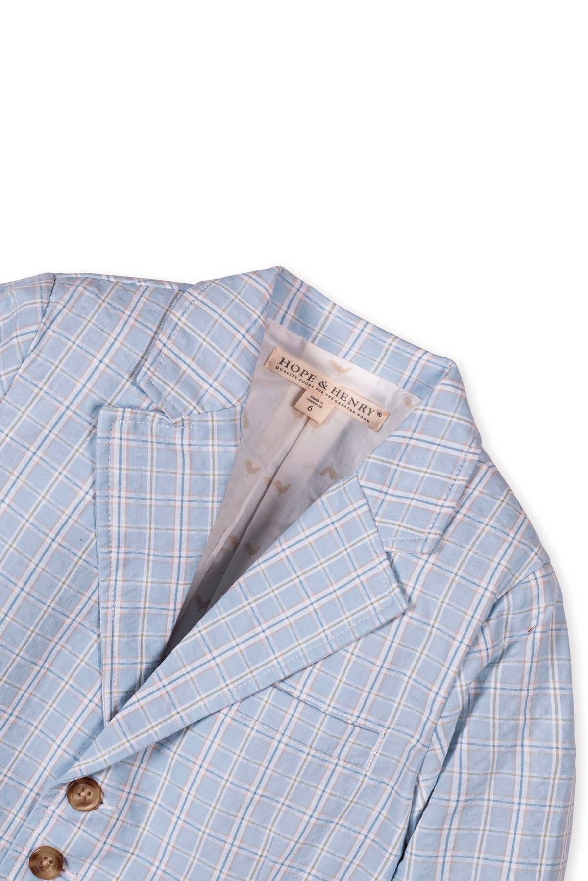 Blue checkered seersucker suit jacket with a notch collar and faux horn buttons, by Hope & Henry.