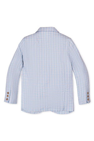 Back view of a blue checkered seersucker suit jacket with buttoned cuffs, made from organic cotton.
