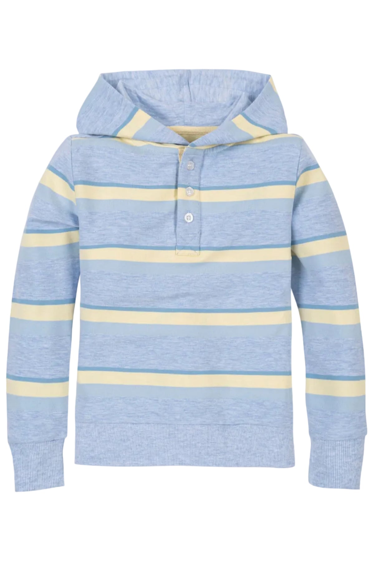 Light blue organic cotton French terry hoodie featuring yellow and white stripes, a cozy hood, and a Henley button placket, ideal for layering and suitable for kids aged 2T-18.